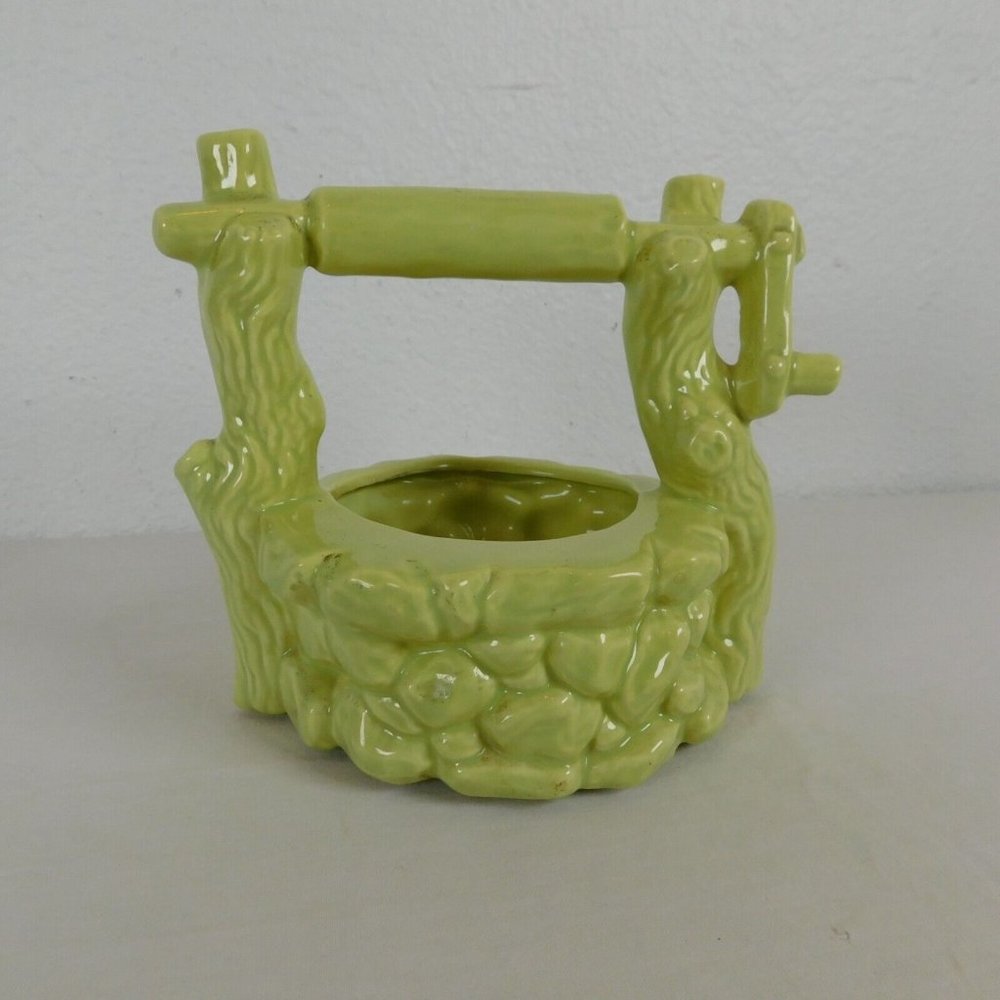 Ceramic Wishing Well Shaped Planter Round Light Green Handle Unbranded Whimsical
